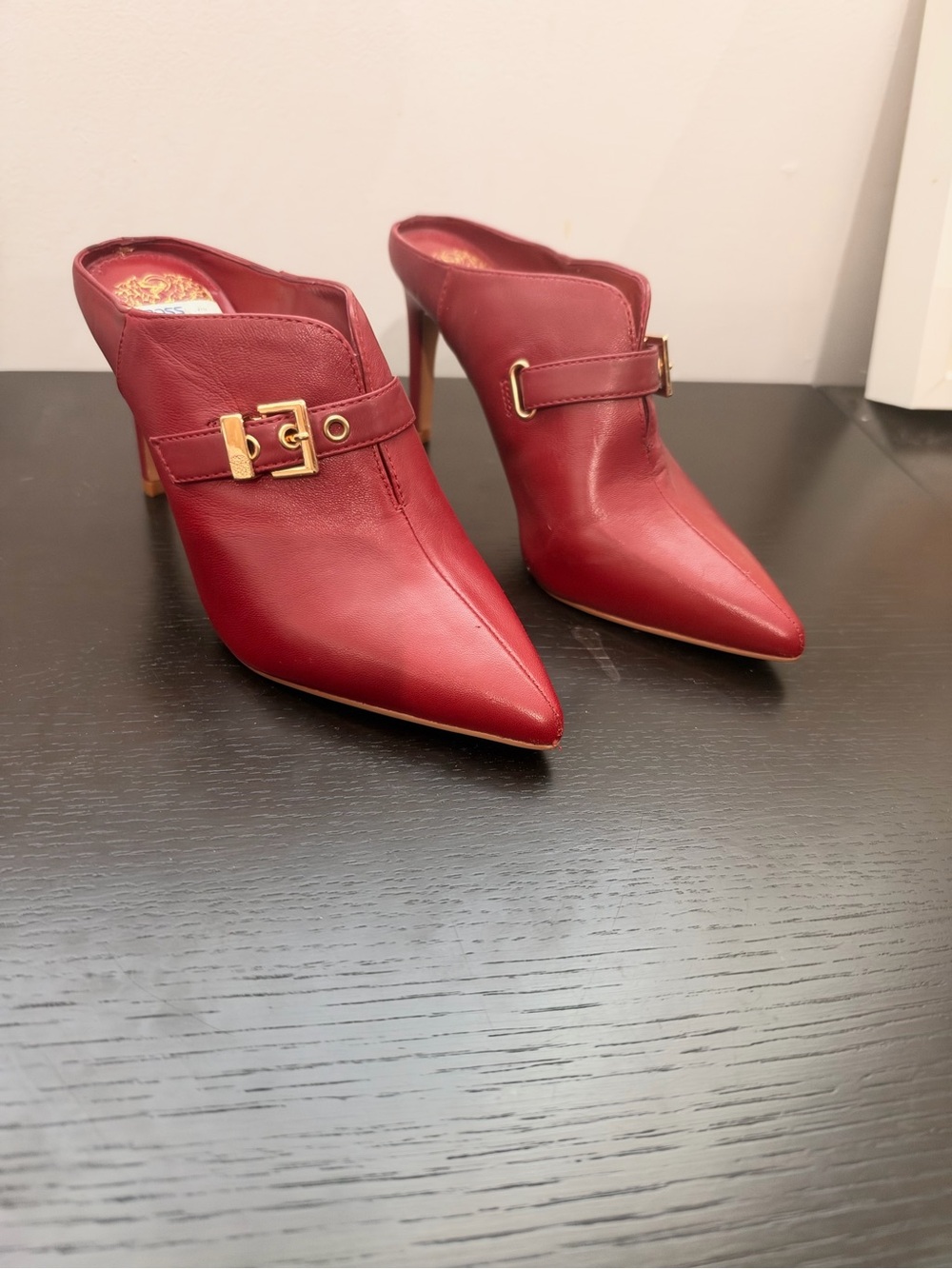 Vince Camuto Red Pointed-Toe Leather Mule Booties with Gold Buckle